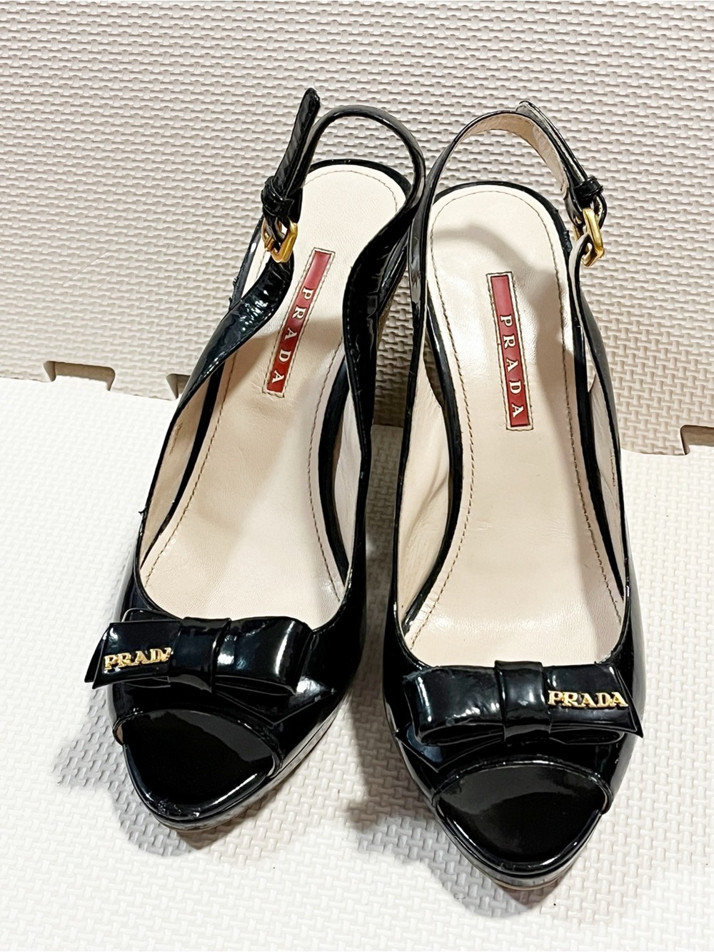 Prada Black Patent Leather Bow Espadrille Slingback Wedges Size 37